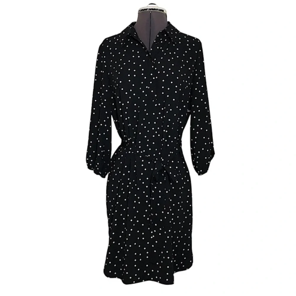 The Limited Black Ivory Polka Dot  Belted Collar Shirtdress ‎ MP